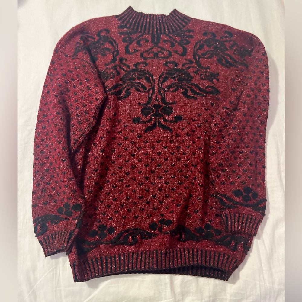 Vintage Red and Black Patterned Turtleneck Sweater